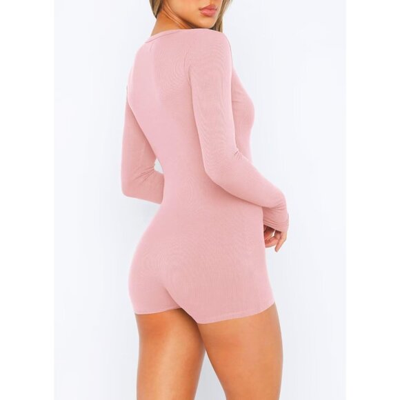 Women's Pink One Piece Button Down Jumpsuit V Neck Romper Long Sleeve Bodysuit - Picture 4 of 5